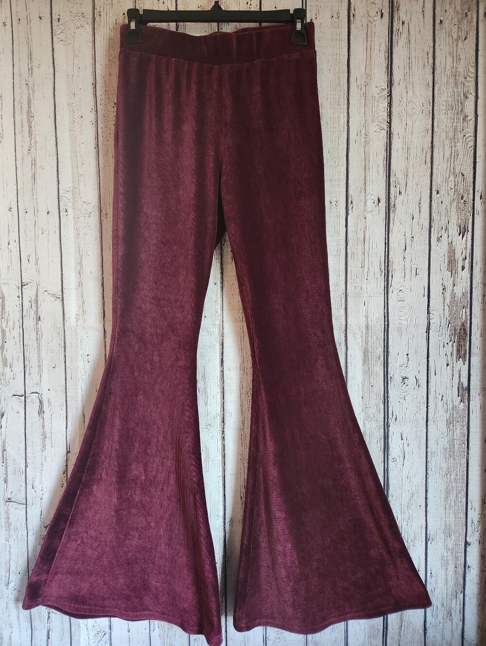 Wine Ribbed Velour Extreme Bell Bottom Flare Pants Medium Maroon Boho Retro 70s